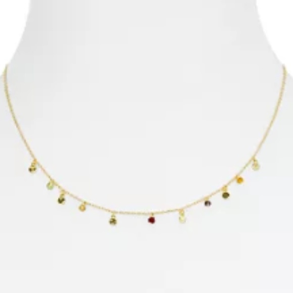 AQUA Crystal Drop Gold Statement Necklace Rainbow Fringe Colored Stones NWT - Picture 2 of 4